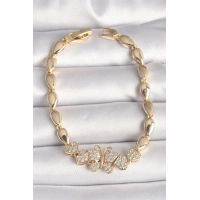 Pirinç Gold Renk Zirkon Taşlı Kelebek Figür Damla Zincir Model Kadın Bileklik