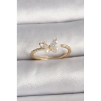 Pirinç Gold Renk Zirkon Taşlı Kelebek Mode İnci Detay Ayarlanabilir Yüzük
