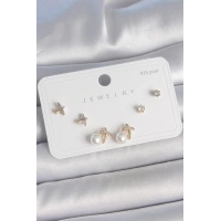 Pirinç Gold Renk Zirkon Taşlı Kelebek Model İnci Detay 925 Ayar Gümüş Çivi Kadın Küpe Seti