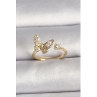 Pirinç Gold Renk Zirkon Taşlı Kelebek Model İnci Detay Ayarlanabilir Yüzük