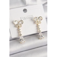 Pirinç Gold Renk Zirkon Taşlı Kelebek Model Sallantı Damla Zirkon Taş Kadın Küpe