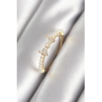 Pirinç Gold Renk Zirkon Taşlı Kurdele İnci Detay Kadın Yüzük