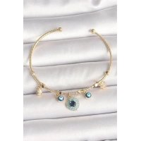 Pirinç Gold Renk Zirkon Taşlı Nazar Boncuk Detay Charm Kadın Bileklik