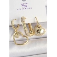 Pirinç Gold Renk Zirkon Taşlı Sallantı Kalp Model 3Lü Kadın Kombin Küpe