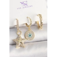 Pirinç Gold Renk Zirkon Taşlı Sallantı Yıldız Model Nazar Boncuk Detay 3Lü Kadın Kombin Küpe