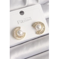 Pirinç Gold Renk Zirkon Taşlı Salyangoz Model İnci Detay Kadın Küpe