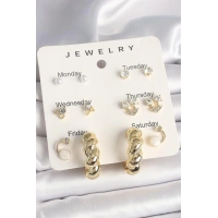 Pirinç Gold Renk Zirkon Taşlı Sarmal Halka Model 7Li Kadın Küpe Seti