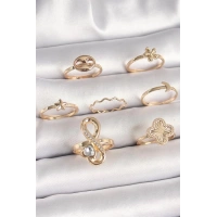 Pirinç Gold Renk Zirkon Taşlı Sonsuzluk Figür Yıldız Detay Kadın Yüzük Kombini