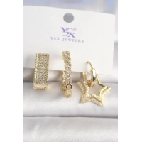 Pirinç Gold Renk Zirkon Taşlı Yıldız Figür Halka Model 3Lü Kadın Kombin Küpe