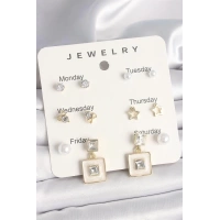 Pirinç Gold Renk Zirkon Taşlı Yıldız Figür Sallantı Beyaz Mineli Model 7Li Kadın Küpe Seti