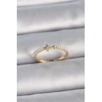 Pirinç Gold Renk Zirkon Taşlı Yıldız Sıralı İncili Ayarlanabilir Model Kadın Yüzük