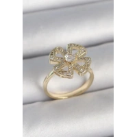 Pirinç Gold Renk Zirkon Taşlı Yonca Model Ayarlanabilir Kadın Yüzük