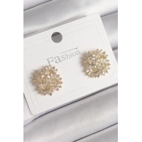 Pirinç Gold Renk Zirkon Taşlı Yonca Model Kadın Küpe