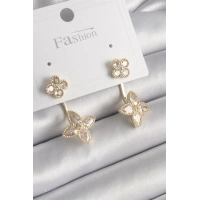 Pirinç Gold Renk Zirkon Taşlı Yonca Model Kadın Küpe