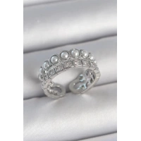 Pirinç Gümüş Renk 2Li Sıra Zirkon Taşlı Ve İncili Ayarlanabilir Kadın Yüzük