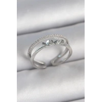 Pirinç Gümüş Renk 2Li Zirkon Taş Detaylı Kelebek Figür Ayarlanabilir Model Kadın Yüzük