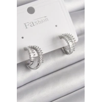 Pirinç Gümüş Renk 2Li Zirkon Taşlı Halka Model Kadın Küpe