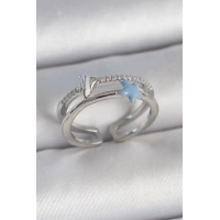 Pirinç Gümüş Renk 2Li Zirkon Taşlı Mavi Yıldız Figür Ayarlanabilir Kadın Yüzük