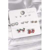 Pirinç Gümüş Renk 7 Çift Zirkon Taşlı Yıl Başı Temalı Kadın Küpe Seti