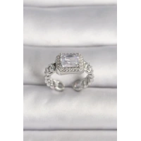 Pirinç Gümüş Renk Ayarlanabilir Zincir Kare Zirkon Taşlı Kadın Yüzük