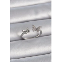 Pirinç Gümüş Renk Ayarlanabilir Zirkon Taşlı Kelebek Model Kadın Yüzük