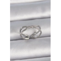 Pirinç Gümüş Renk Ayarlanabilir Zirkon Taşlı Sarmal Model Kadın Yüzük