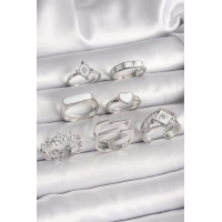 Pirinç Gümüş Renk Beyaz Mineli Kalp Çiçek Detay Kadın Yüzük Kombin