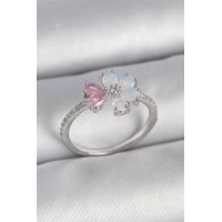 Pirinç Gümüş Renk Beyaz Mineli Pembe Zirkon Taşlı Çiçek Model Kadın Yüzük