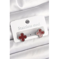 Pirinç Gümüş Renk Bordo Yonca Model Kadın Küpe