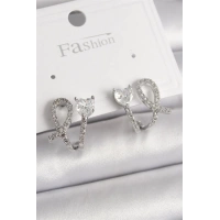 Pirinç Gümüş Renk Düğüm Model Zirkon Taşlı Kalp Detay Kadın Küpe