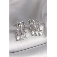 Pirinç Gümüş Renk İnci Detay Sallantı Zirkon Taşlı Kadın Küpe