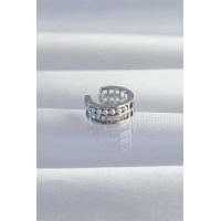 Pirinç Gümüş Renk İncili Baget Taşlı Earcuff Küpe