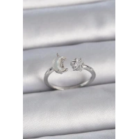 Pirinç Gümüş Renk İncili Hilal Zirkon Taşlı Yıldız Ayarlanabilir Kadın Yüzük