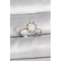 Pirinç Gümüş Renk İncili Kare Beyaz Mineli Ayarlanabilir Kadın Yüzük