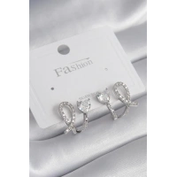 Pirinç Gümüş Renk Kalp Model Zirkon Taşlı Kadın Küpe