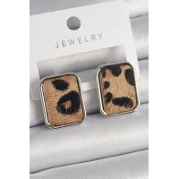 Pirinç Gümüş Renk Leopar Desenli Kare Model Kadın Küpe