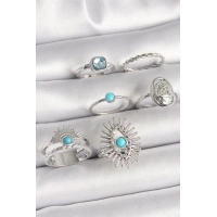 Pirinç Gümüş Renk Mavi Taşlı Kare Zirkon Taş Detaylı Kadın Yüzük Kombini