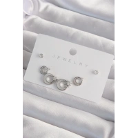 Pirinç Gümüş Renk Mineli Zirkon Taşlı Ay Yıldız Model Küpe Seti