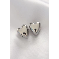 Pirinç Gümüş Renk Minimal Bombeli Kalp Küpe