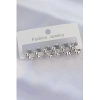 Pirinç Gümüş Renk Minimal Tırtıklı Küpe Seti