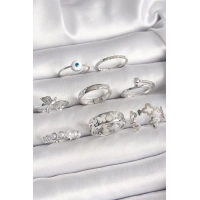 Pirinç Gümüş Renk Nazar Boncuk Detay İncili Kelebek İşlemeli Kadın Yüzük Kombini