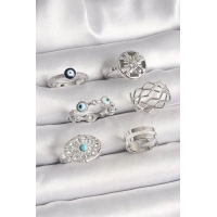 Pirinç Gümüş Renk Nazar Boncuk Zirkon Taş Detaylı Dalga Figür Kadın Yüzük Kombini