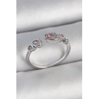 Pirinç Gümüş Renk Pembe Damla Zirkon Taşlı Ayarlanabilir Model Kadın Yüzük