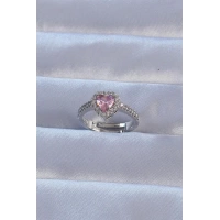 Pirinç Gümüş Renk Pembe Zirkon Taşlı Ayarlanabilir Charm Yüzük