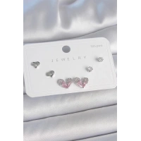 Pirinç Gümüş Renk Pembe Zirkon Taşlı Kalp Model 925 Ayar Gümüş Çivi Kadın Küpe Seti