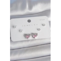 Pirinç Gümüş Renk Pembe Zirkon Taşlı Kalp Model İnci Detay 925 Ayar Gümüş Çivi Kadın Küpe Seti
