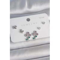 Pirinç Gümüş Renk Renkli Zirkon Taşlı Çiçek Model Yaprak Detay 925 Ayar Gümüş Çivi Kadın Küpe Seti