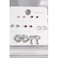 Pirinç Gümüş Renk Renkli Zirkon Taşlı Daire Çiçek Figür Sallantı Kalp Detay 7 Çift Kadın Küpe Seti