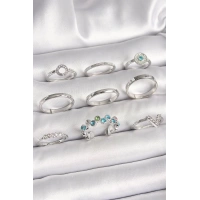 Pirinç Gümüş Renk Renkli Zirkon Taşlı Kadın Yüzük Kombini