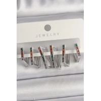 Pirinç Gümüş Renk Renkli Zirkon Taşlı Kare Model Kadın Küpe Seti